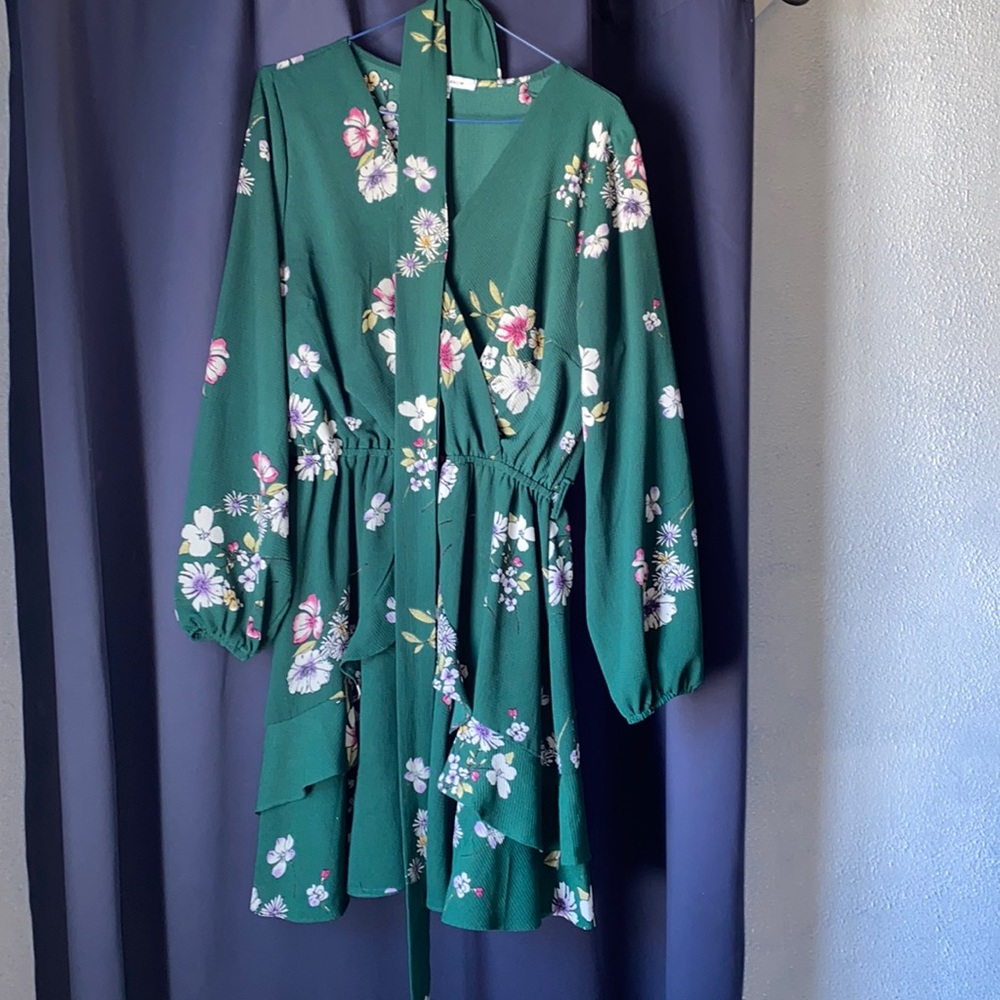 Purple Snow Green Floral Pattern Dress Size L